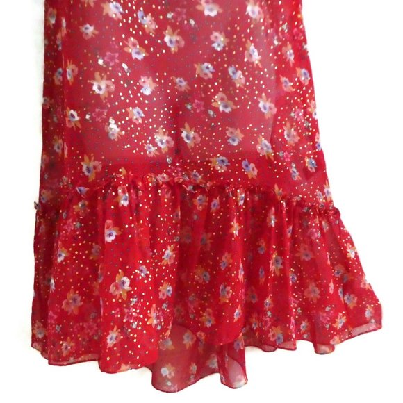 Silk Ella Moss Dress Pure Silk Sheer Lurex Floral Red L - Picture 4 of 10